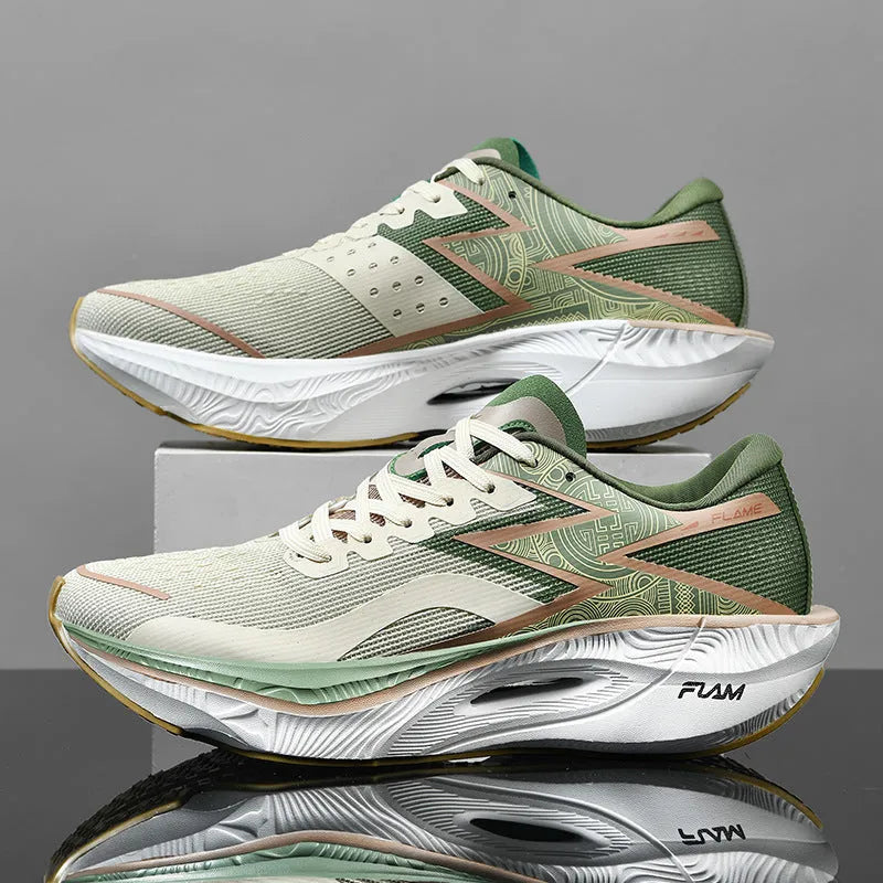 Marathon carbon plate running shoes in white with low-top fabric upper and visible sewing details