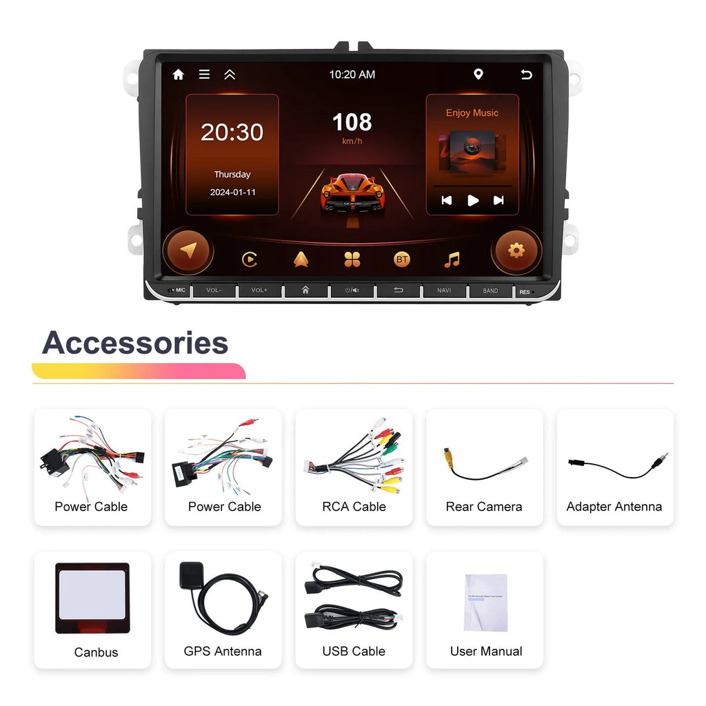 Volkswagen car dashboard showing 7-inch Android central control unit with navigation map on screen