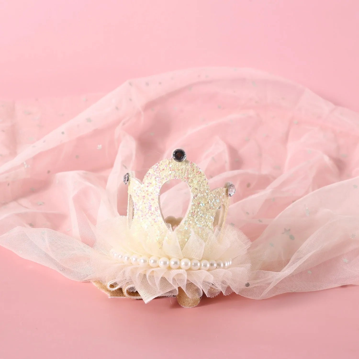 Pet princess crown headdress accessory with a veil in beige or pink colour options