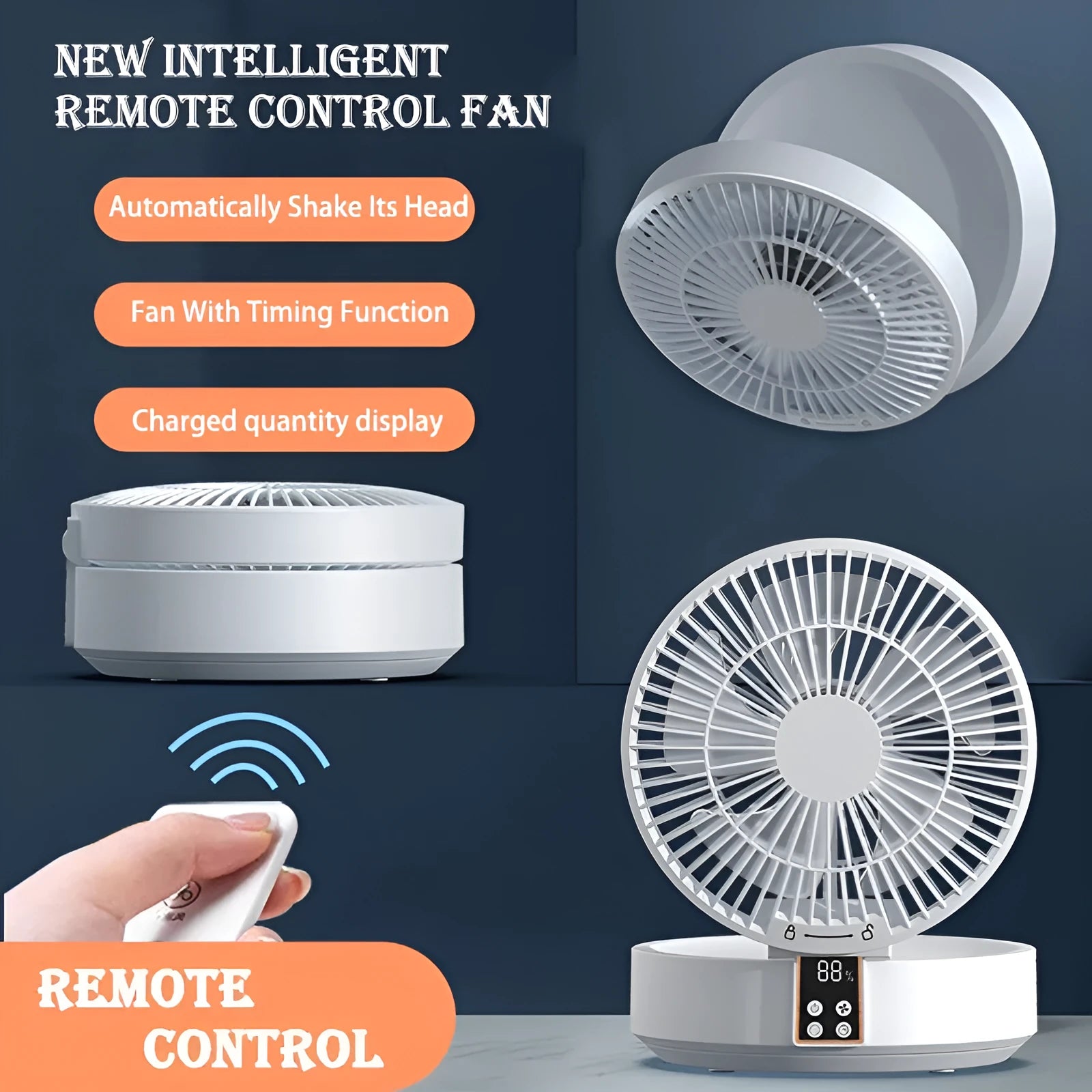 White portable rechargeable folding fan with remote control and night light shown in desktop and wall-mounted positions