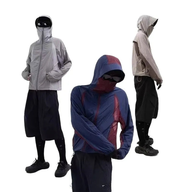 Mesh stitching thin nylon sun protective clothes in desert brown, light grey, red and blue colour options