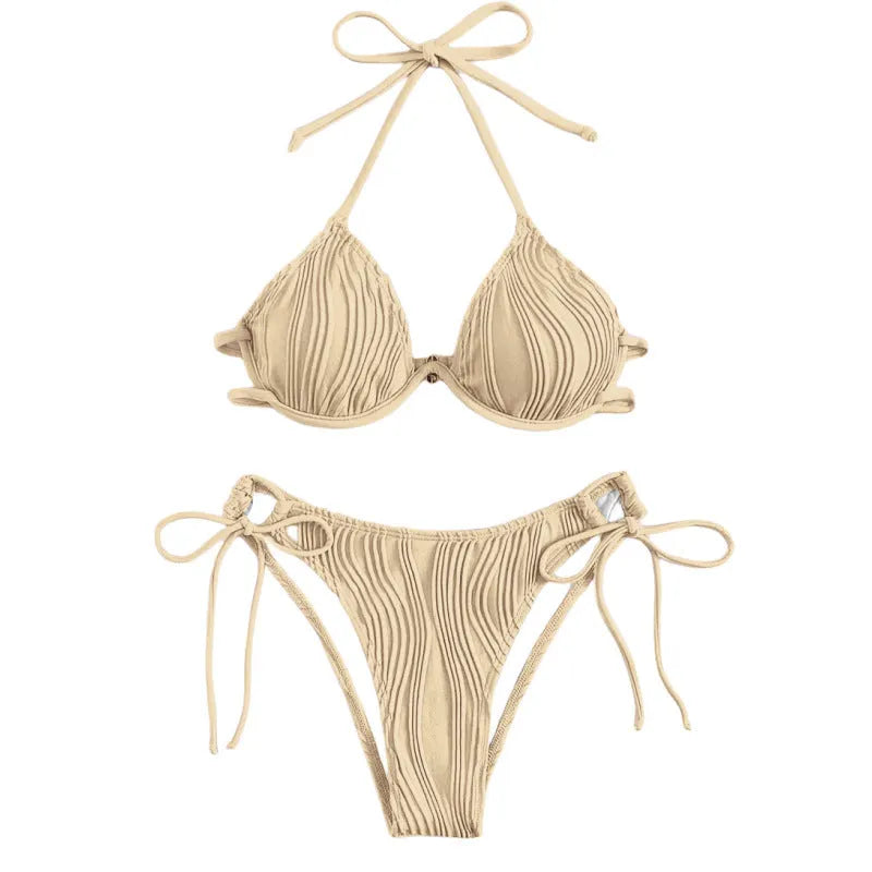 Women's apricot coloured split bikini with steel underwire top.
