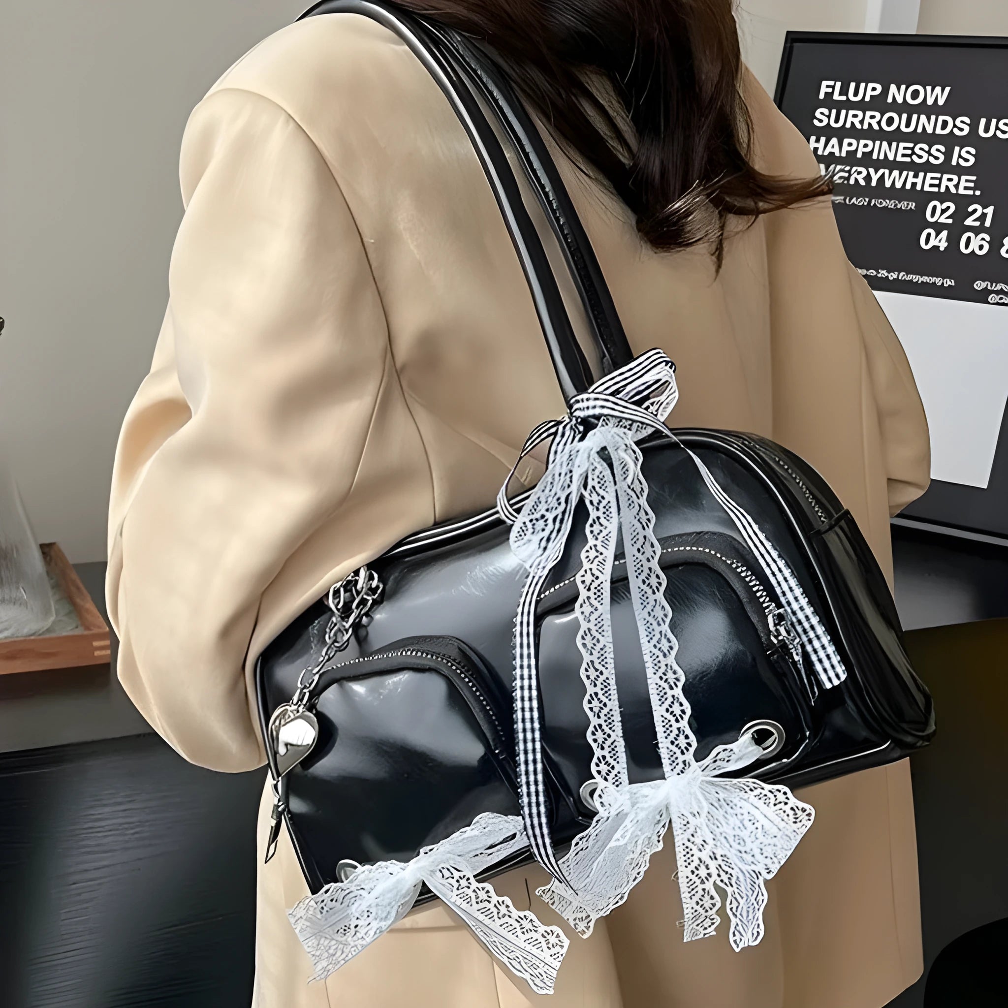 Large capacity beige PU leather casual shoulder bag with double straps and interior mobile phone compartment