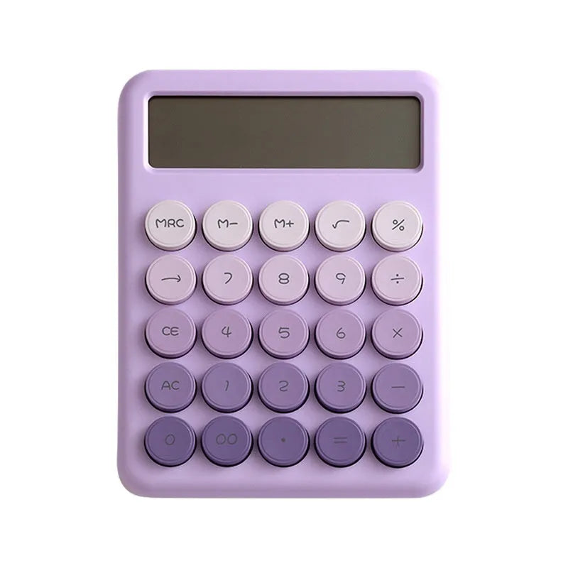 Desk calculator with gradient colour finish in pastel violet, pink, blue, or green.