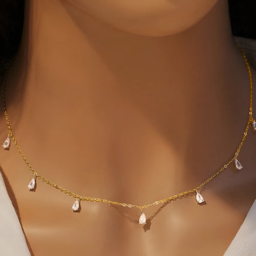 925 silver drop-shaped artificial zircon necklace on an adjustable O-chain, shown in silver, rose gold, and golden yellow finishes.