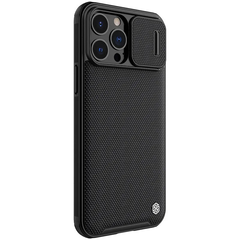 Black textured UniPro series sliding back cover case for Apple iPhone 13 Pro Max on a table.