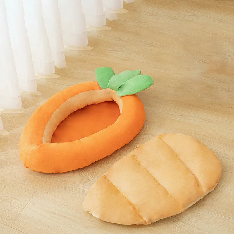 Carrot dog design pet nesting bed with soft blanket in M and L sizes for small and medium pets