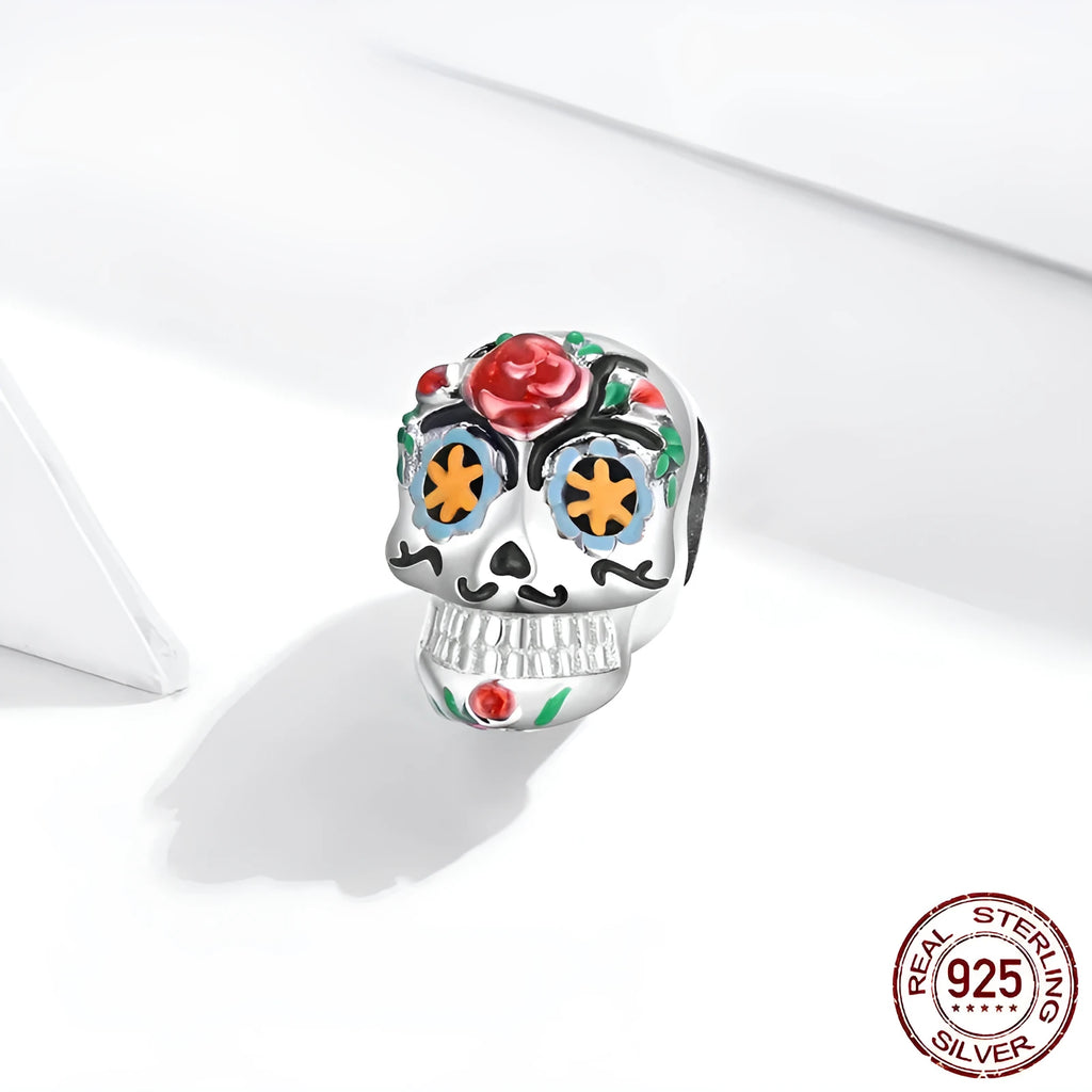 925 sterling silver Halloween skull bead with pumpkin skull motif, platinum plated, 1.8g, 1.3x0.8cm