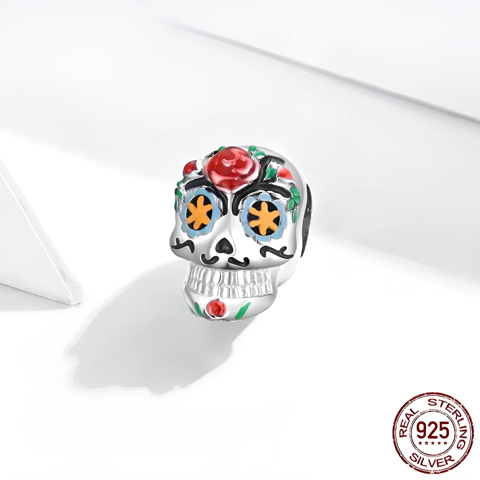 925 sterling silver Halloween skull bead with pumpkin skull motif, platinum plated, 1.8g, 1.3x0.8cm