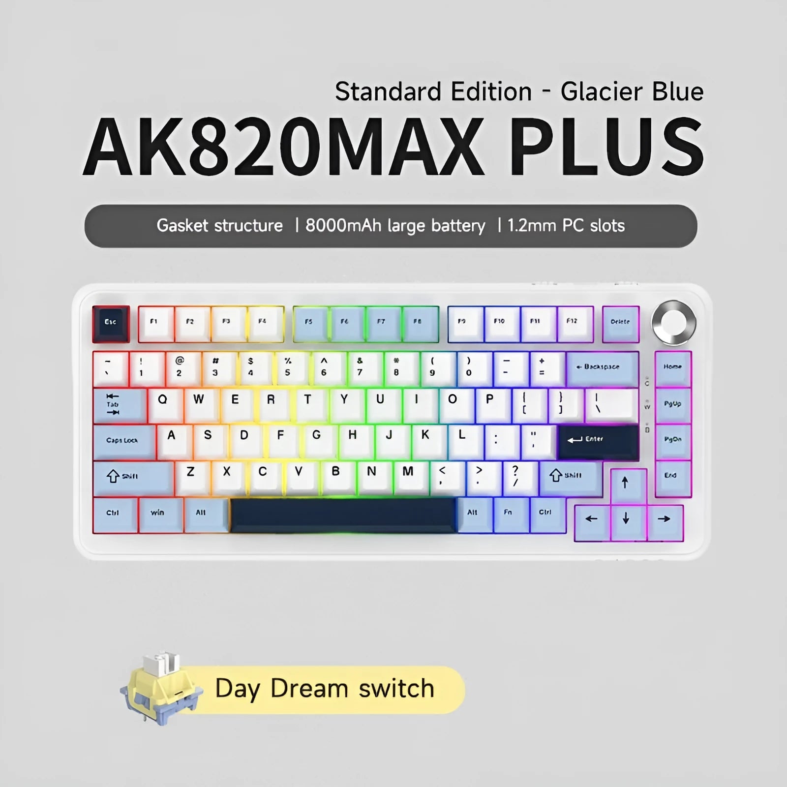 Three-mode mechanical keyboard with black, grey, and yellow colour options and included accessories