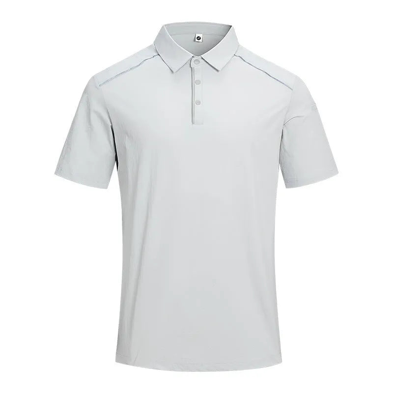 Men's solid colour quick-dry polo shirt on a hanger showing short sleeves and regular fit.