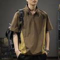 Man wearing a brown half-zip stand collar casual shirt made from ice silk fabric.
