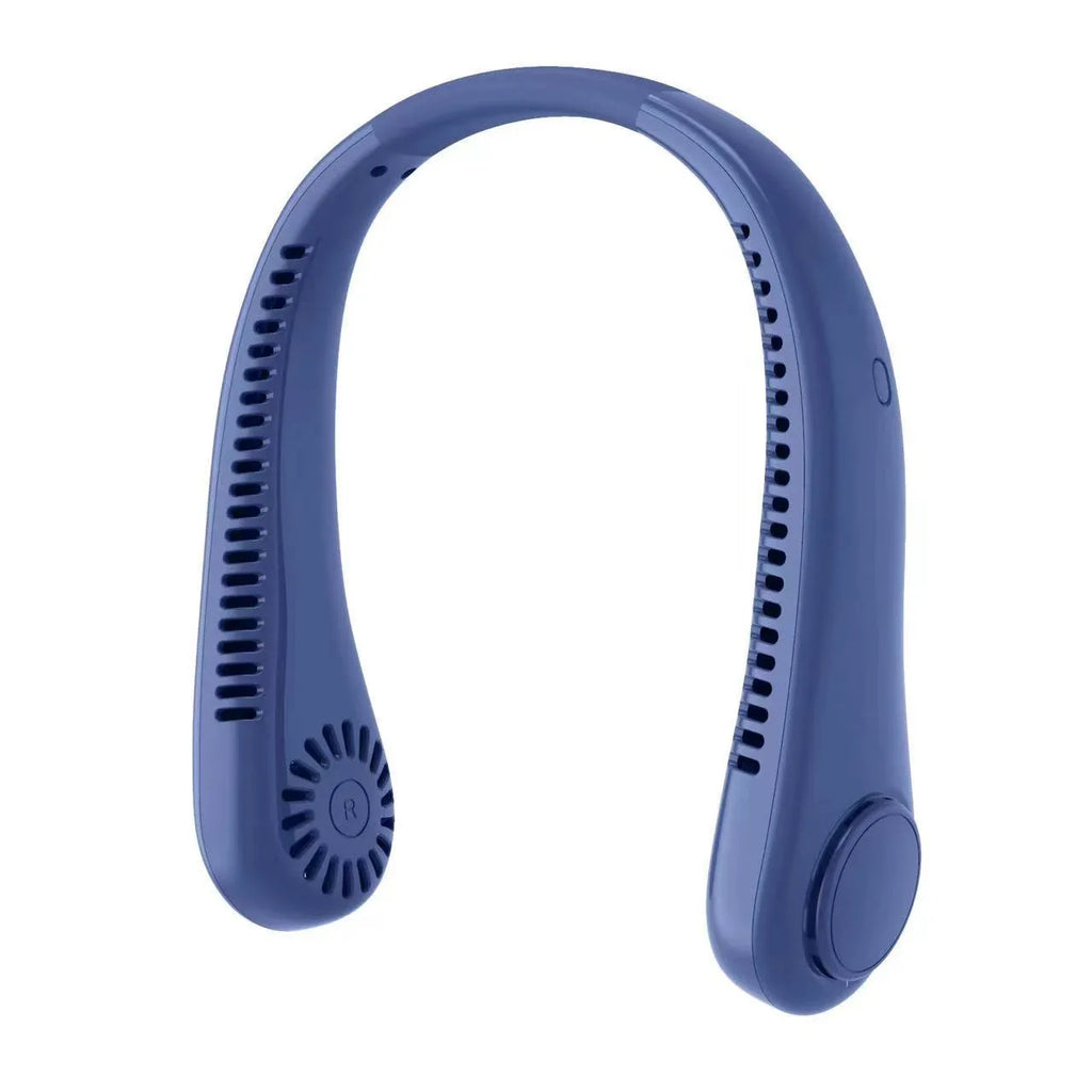 White rechargeable bladeless neck fan hanging around a person's neck showing minimalist plastic design