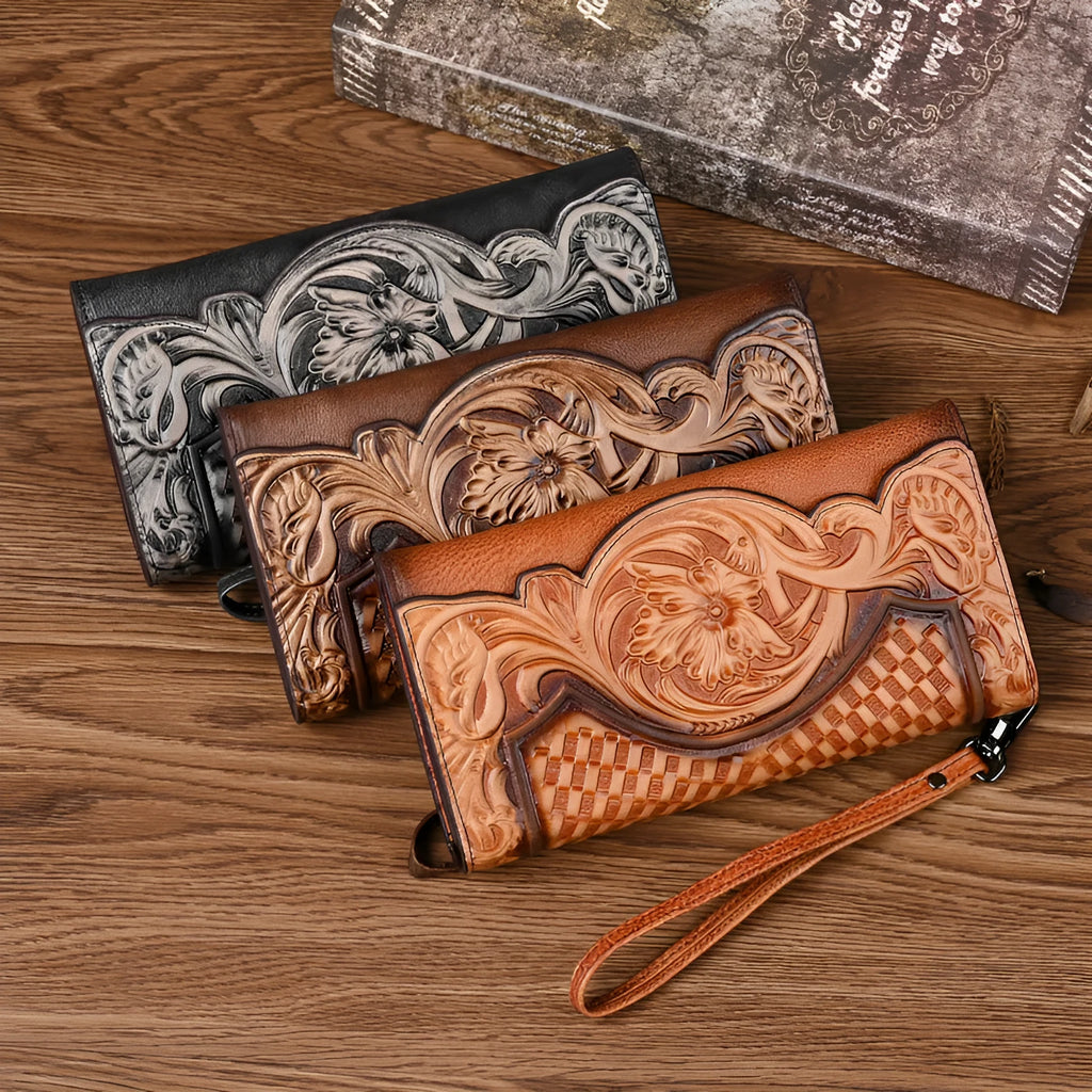 Retro brown embossed Chinese floral pattern on a genuine leather tri-fold women's wallet.