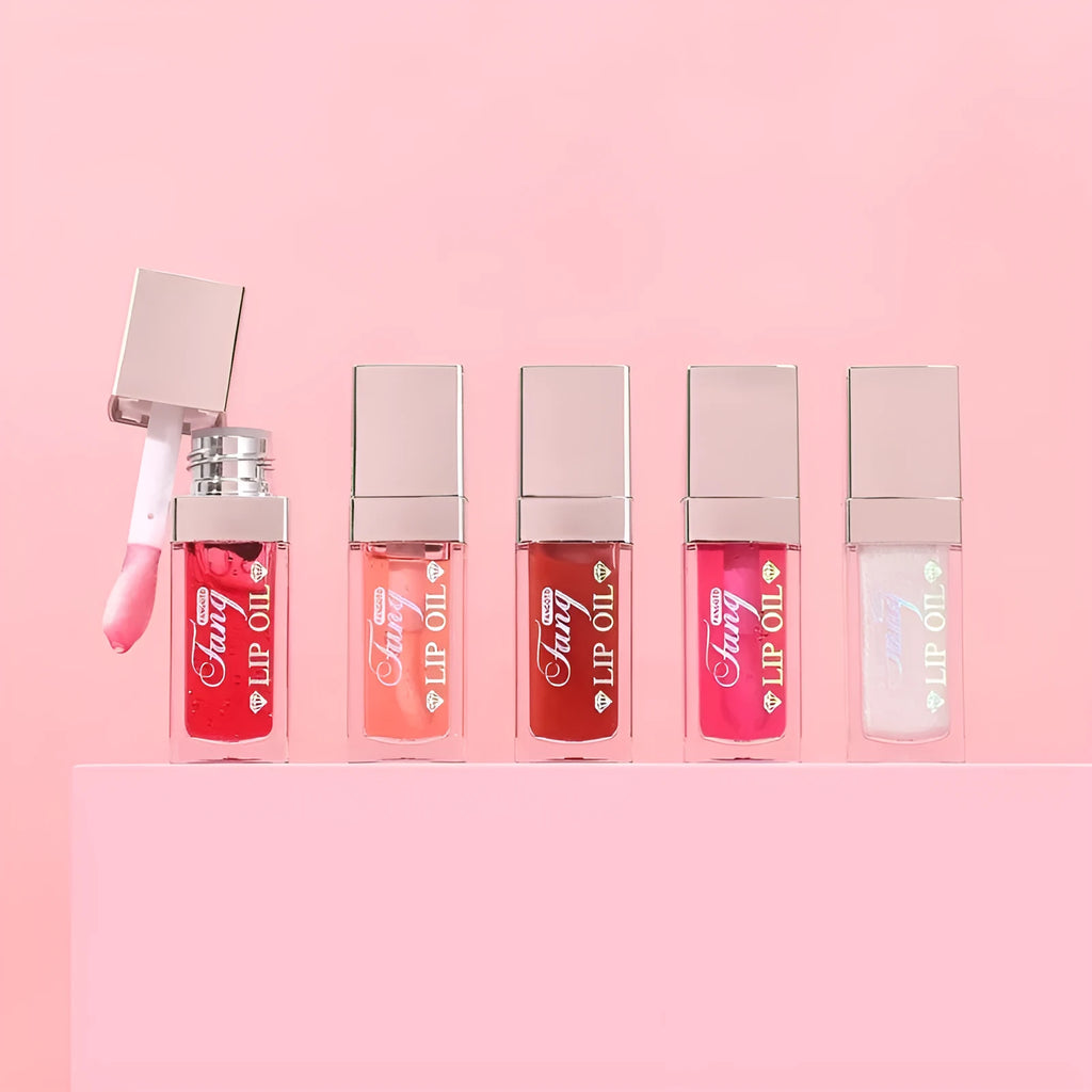 Five bright colour options of moisturising lip gloss mint lipstick with repairing effects