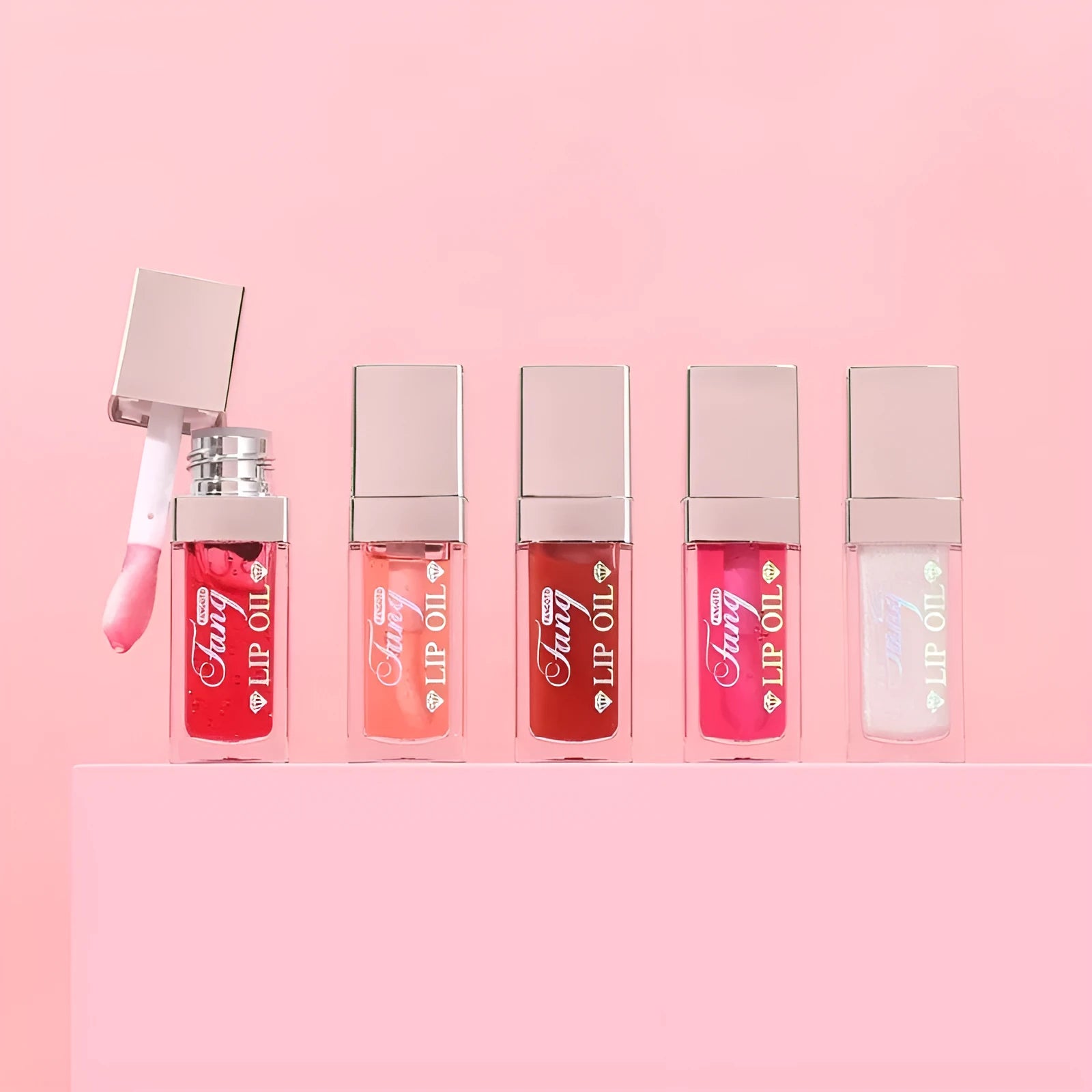 Five bright colour options of moisturising lip gloss mint lipstick with repairing effects