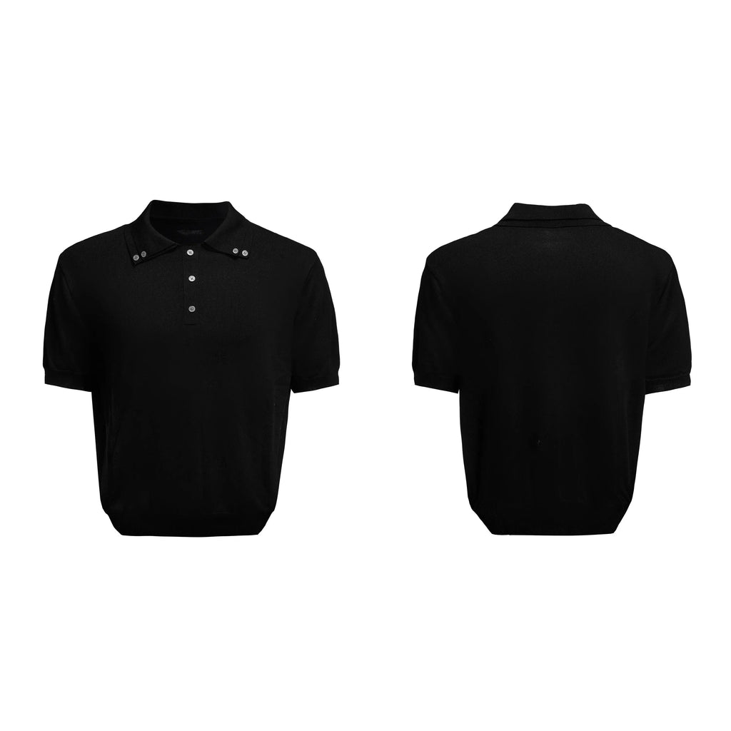 Men's black slim-fit double collar knit short sleeve shirt laid flat showing lapel detail