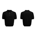 Men's black slim-fit double collar knit short sleeve shirt laid flat showing lapel detail