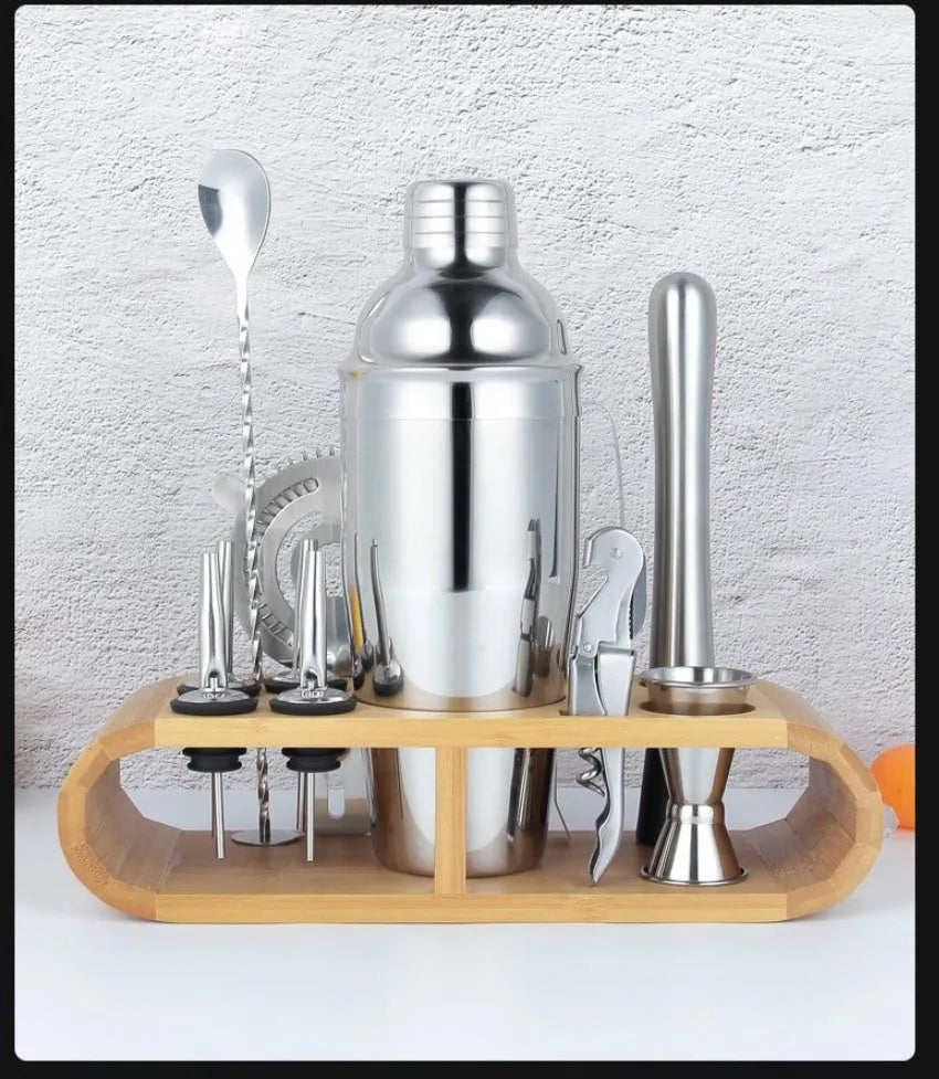 23-piece stainless steel cocktail set with European-style bar accessories including shaker, jigger, and mixing tools