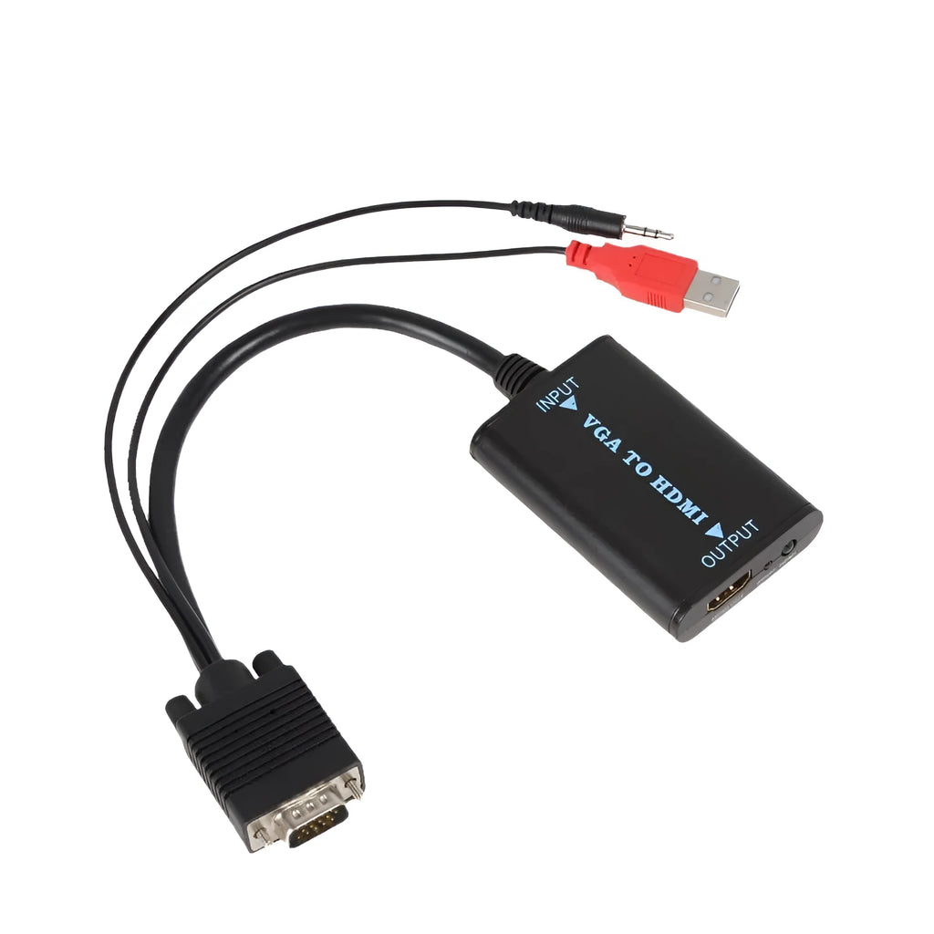 Black VGA to HDMI female converter with USB cable for 1080p 60Hz video and audio conversion