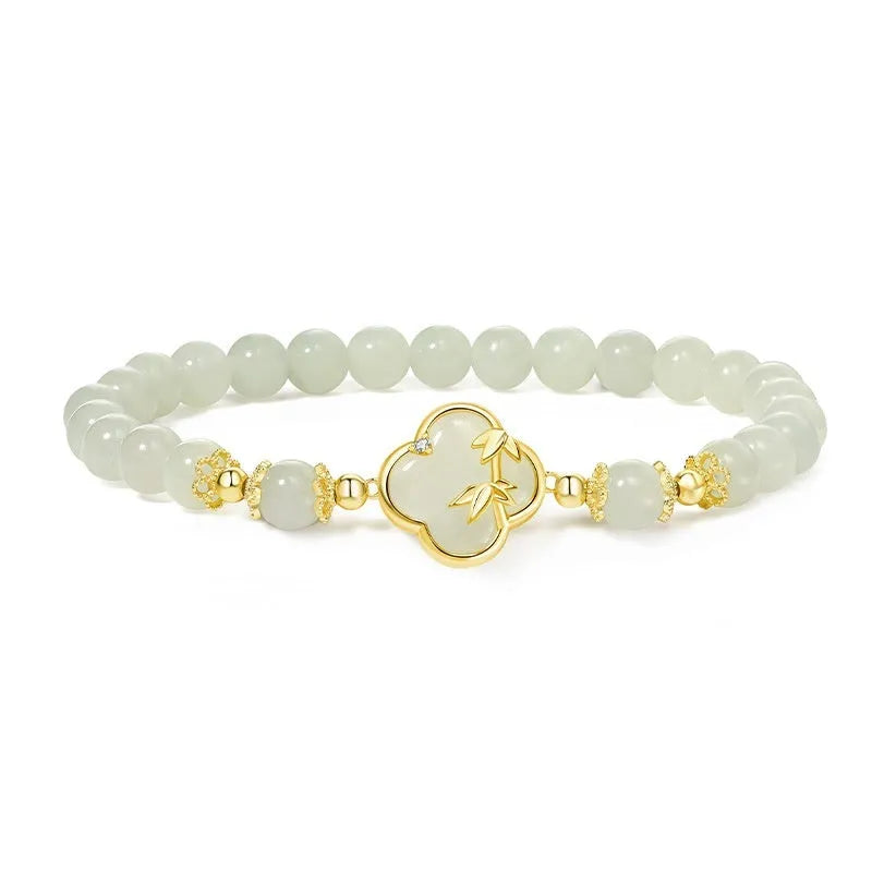 Hetian jade inlaid leaves design bracelet and necklace set in bamboo newspaper tone