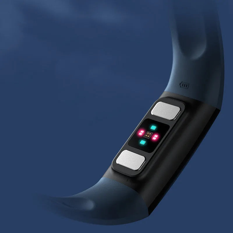 Smart bracelet on wrist showing blood pressure and ECG monitoring on its 1.1-inch screen.