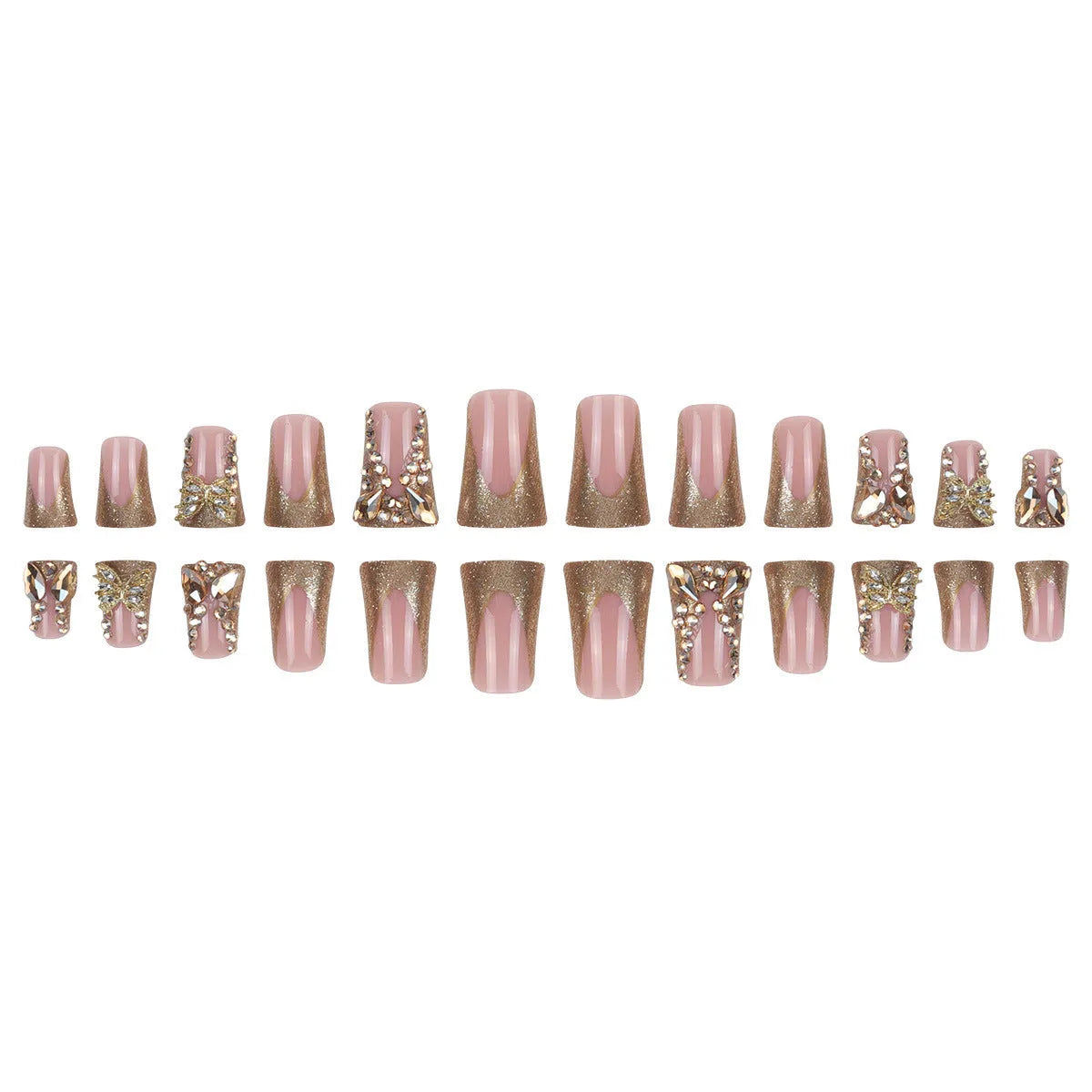 Pack of 24 golden diamond and debris-style butterfly nail stickers with a bottle of glue.