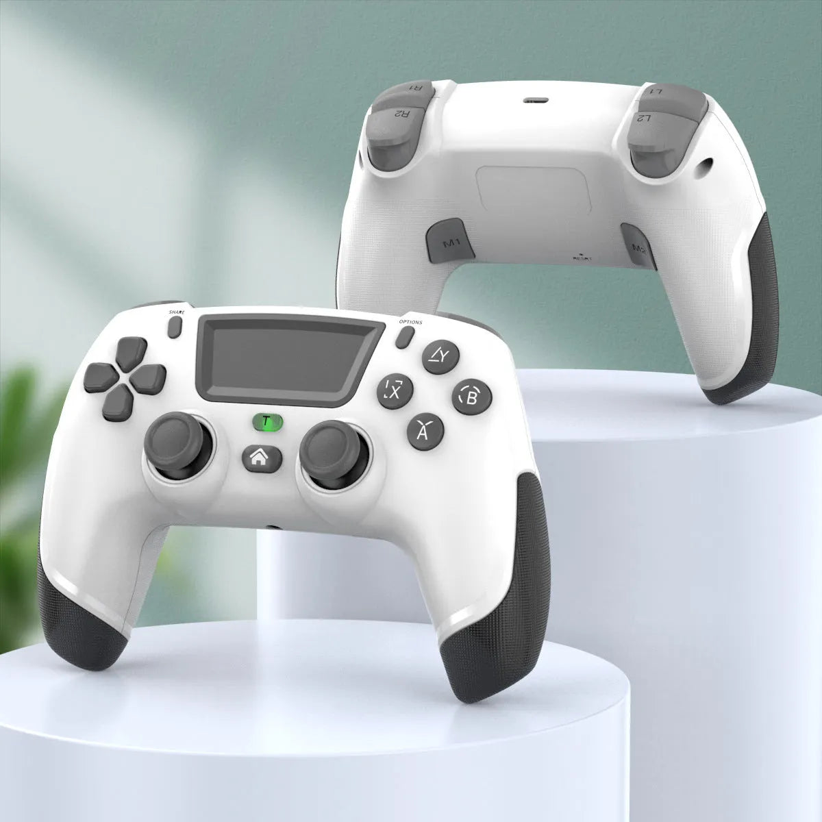 Fruit green wireless Bluetooth game controller for PS4, PC, mobile phone, and Nintendo Switch on a grey background.