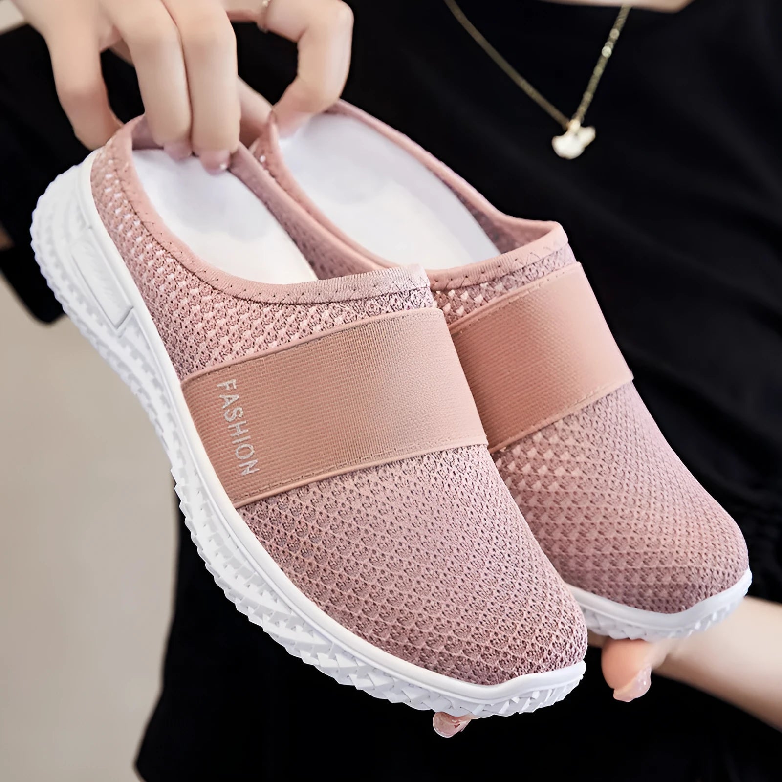 Women's casual mesh shoes with hollow-out design in black, flat heel and round toe