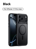 Frosted magnetic protective phone case for iPhone 17 in multiple colour options on a table.