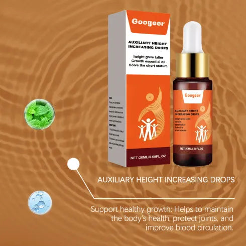 Googeer Auxiliary Height Increasing Drops bottle, 20ml capacity, with packaging showing dimensions.