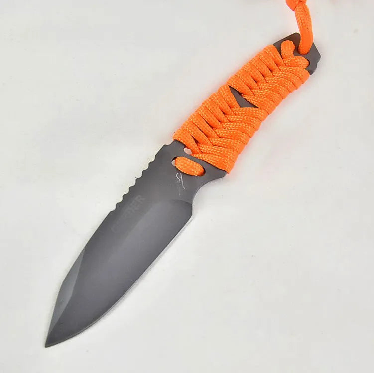 Multi-function survival knife with straight blade and rope handle showing ABS sheath