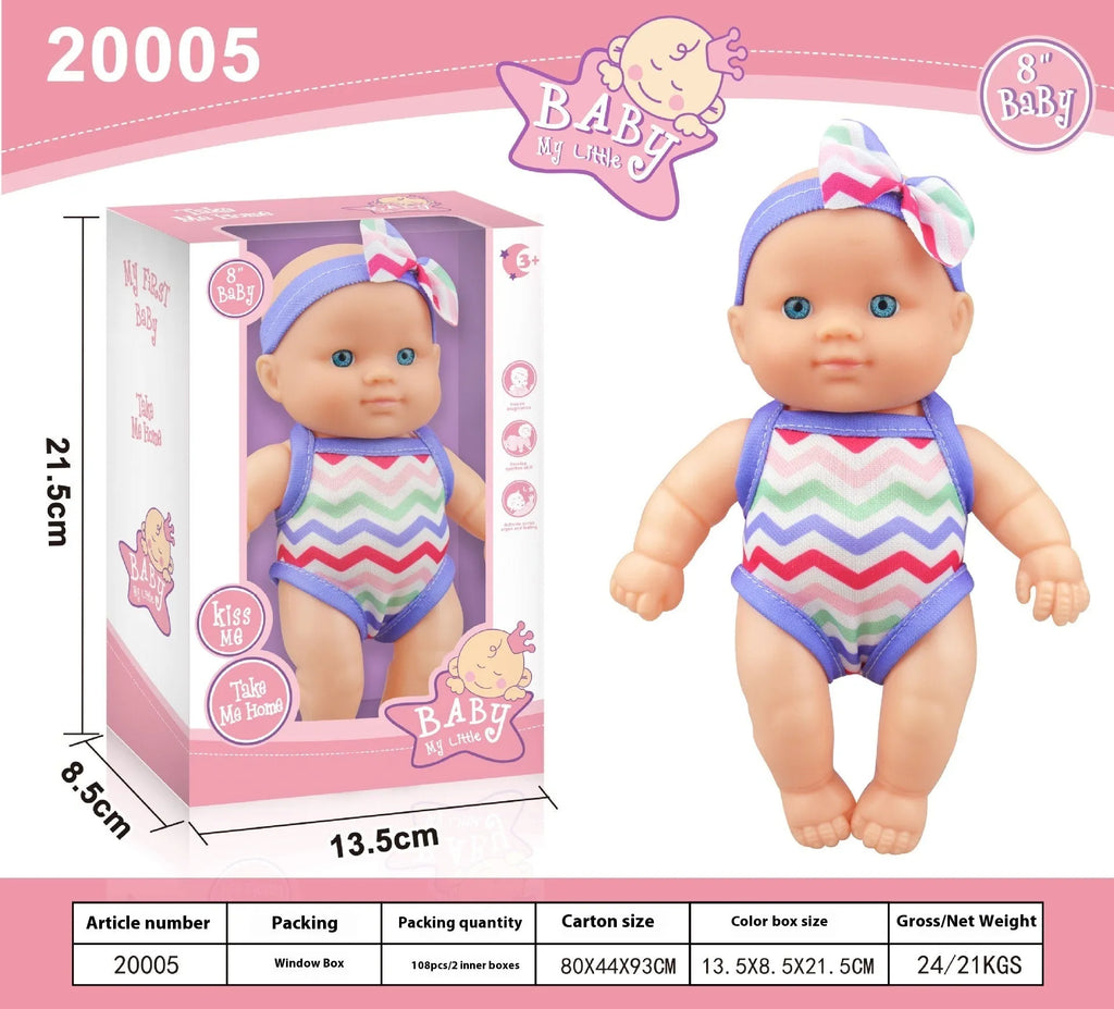 A 21.5cm tall simulation baby vinyl figurine doll on display, showing detailed sculpting.
