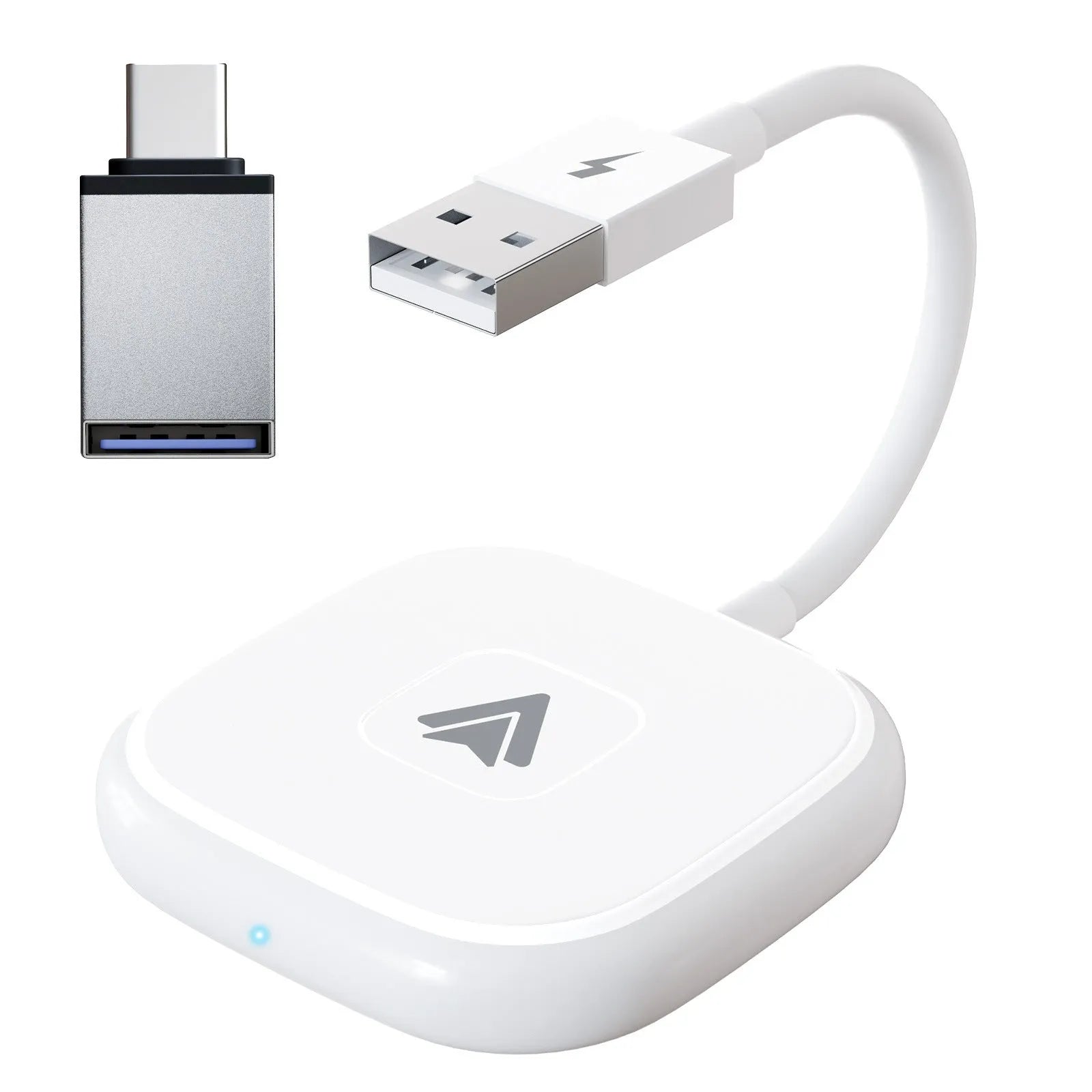 Black and white wireless Carplay adaptor for Android phones next to a car steering wheel