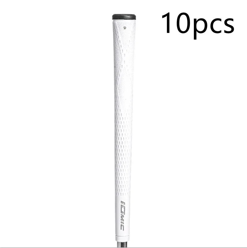 Soft TPE golf club grip shown in various colours including pink, red, blue, white, and black with coloured heads.