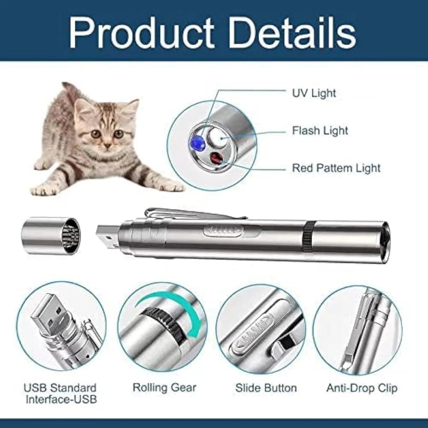 Silver aluminium cat toy pointer wand showing laser projection patterns