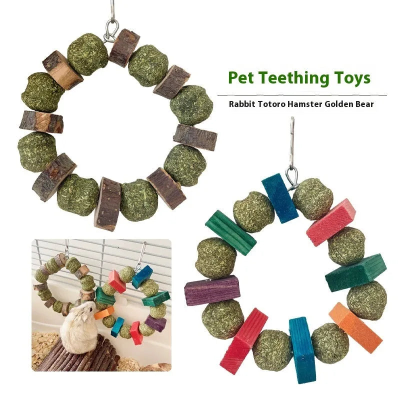 Hamster toy with applewood chew rod and woven straw ball ring for small pet enrichment