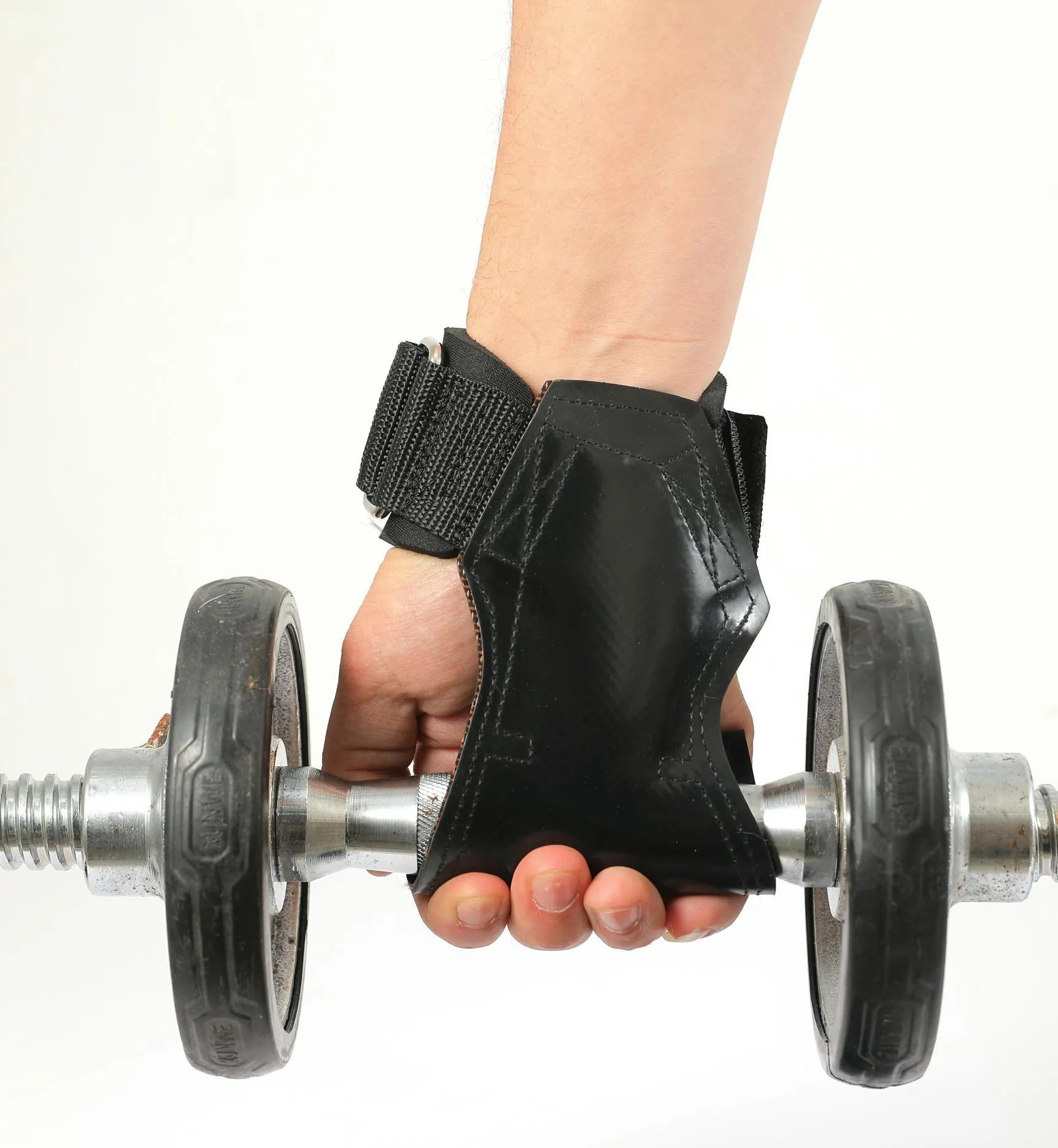A pair of black rubber palm protection assist belts for rock climbing and weightlifting.