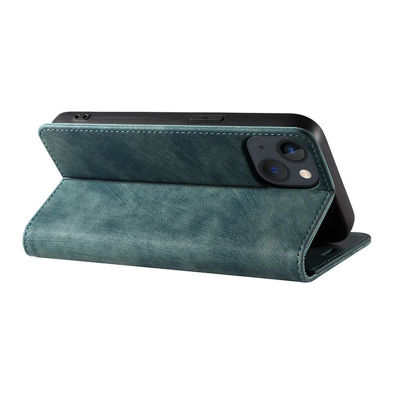 Magnetic flip phone case for iPhone in solid colours, showing TPU frame and leather cover.