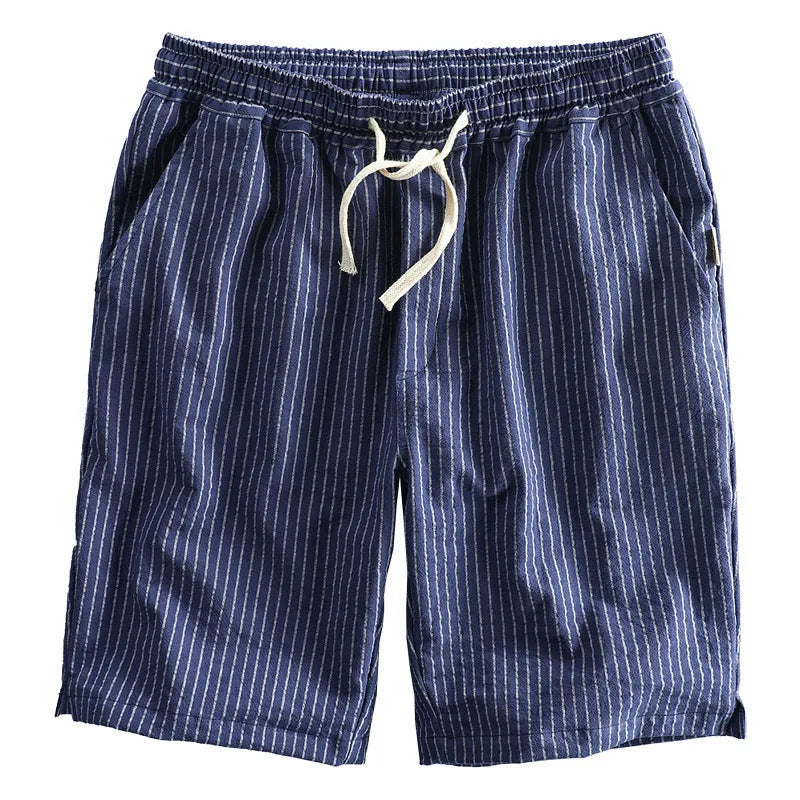 Men's striped cotton casual shorts with loose straight fit and elastic waist in multiple colour options