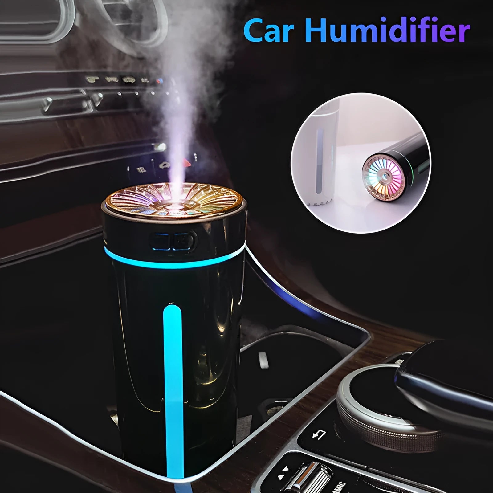 Black portable ultrasonic humidifier with colourful LED lights on a car cup holder.