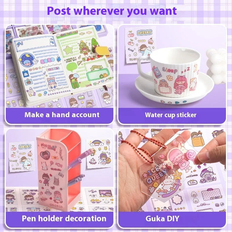 Children's sticker collection box with five themed designs including cute meatballs and interstellar team illustrations