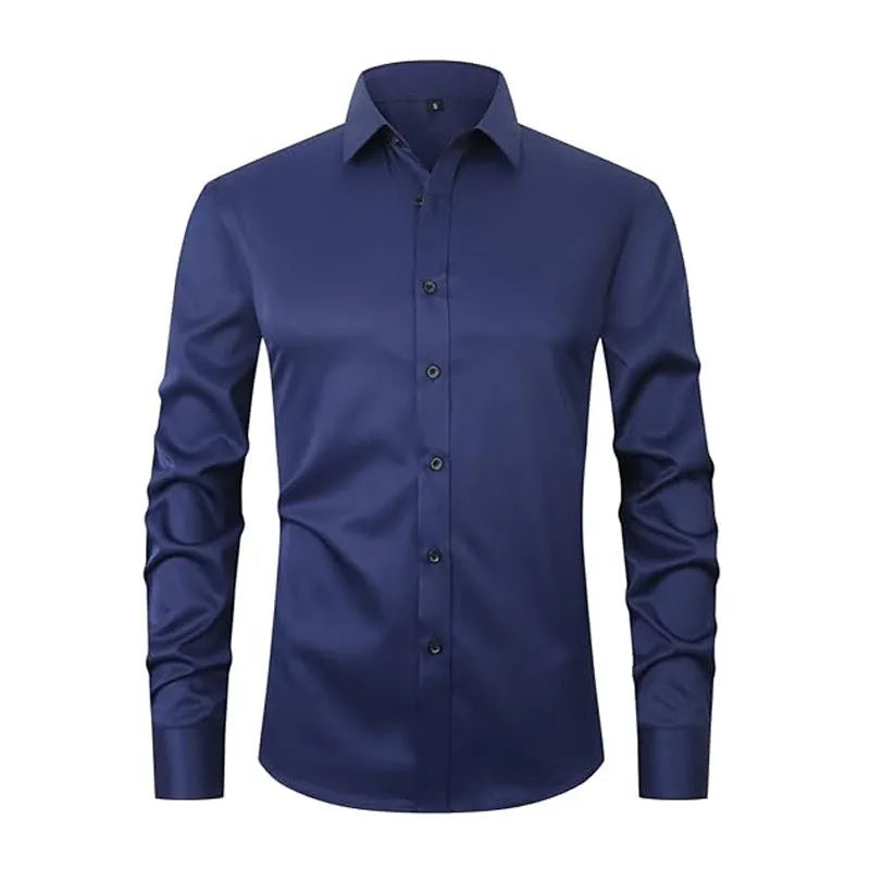 Man wearing a grey stretch long sleeve polyester work shirt, showing fit and collar detail.