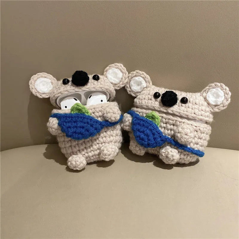Handmade knitted koala bear backpack design cover for Apple AirPods case.