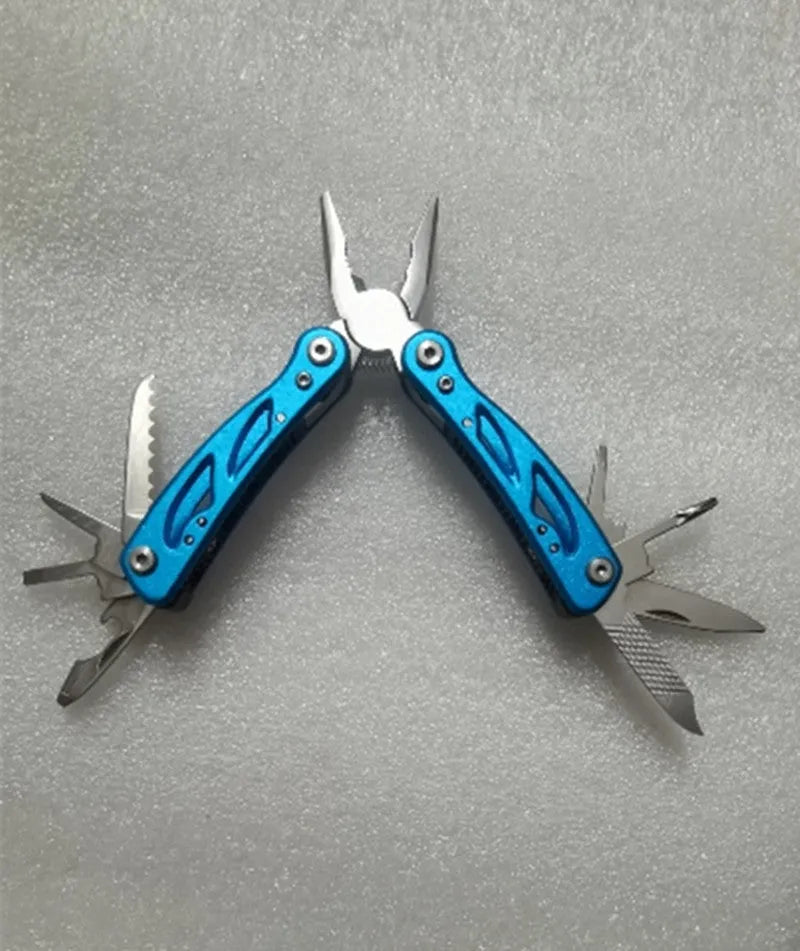 Compact blue folding multi-function pliers with a fruit knife on a white background, next to its Oxford storage bag.