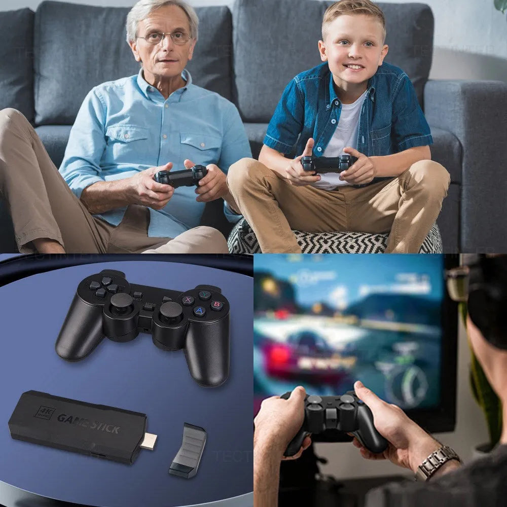 HD Home TV Game Console with wireless controller, charging cable, and HDMI cable on television stand