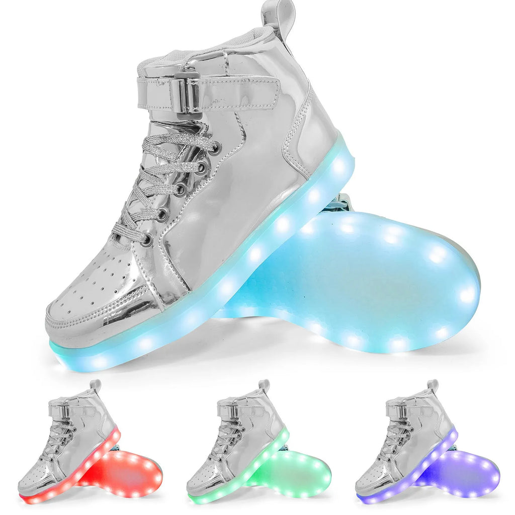 LED light-up high-top board shoes with velcro fastening in black, white, gold, silver, and pink colours