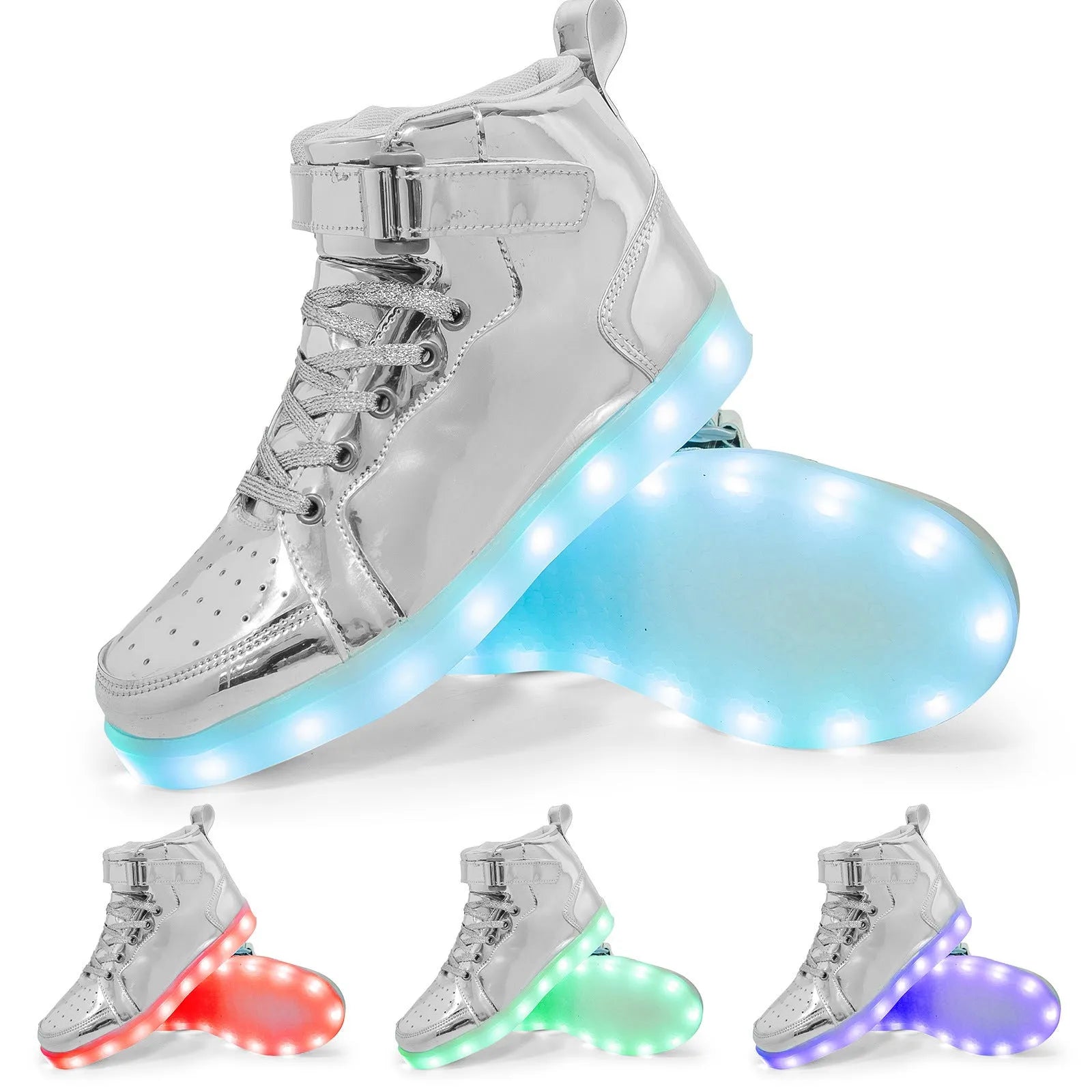 LED light-up high-top board shoes with velcro fastening in black, white, gold, silver, and pink colours