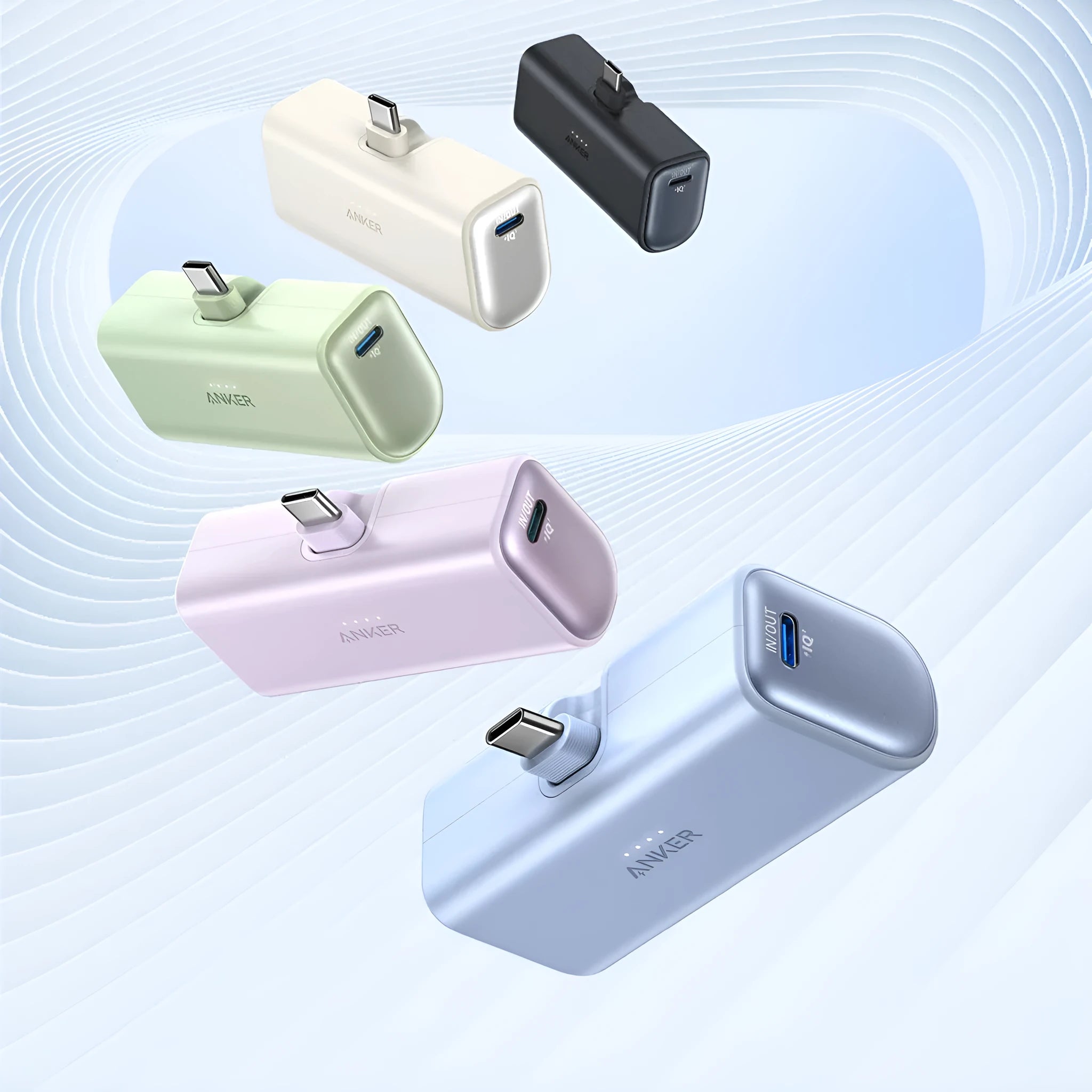 Capsule power bank in multiple colours showing compact design with foldable Type C head