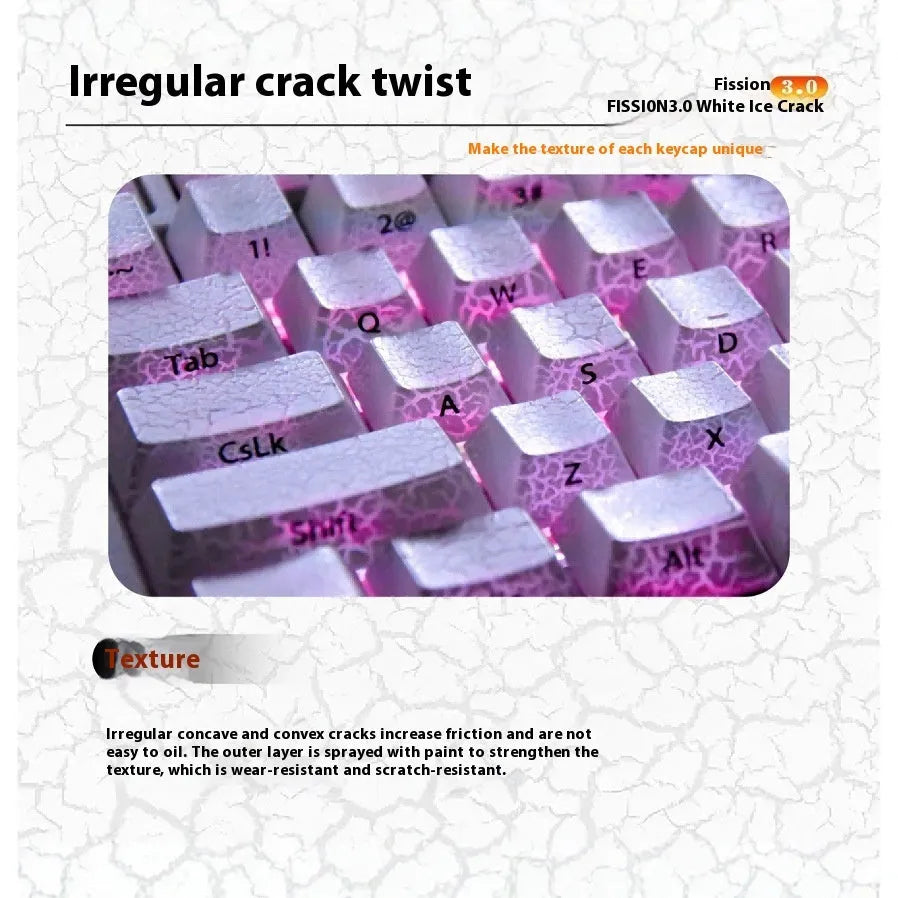 White transparent mechanical keyboard keycap set with double stitching and fission side carving design